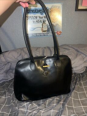 Longchamp Black Leather Tote Handbag with Gold Accent